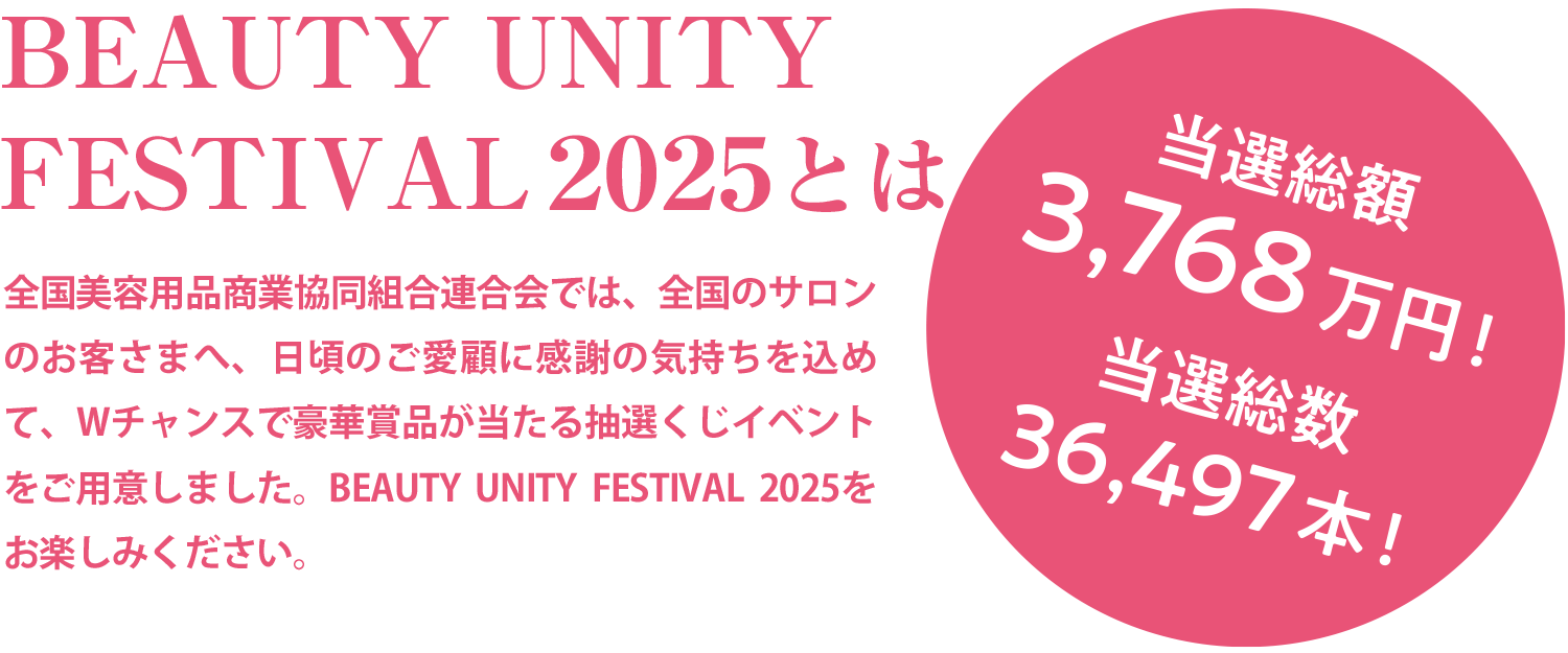 BEAUTY UNITY FESTIVAL 2024とは 全国美容用品商業協同組合連合会では、全国のサロンのお客様へ、日頃のご愛顧に感謝の気持ちを込めて、Wチャンスで豪華賞品が当たる抽選くじイベントをご用意しました。BEAUTY UNITY FESTIVAL 2024をお楽しみください。当選総額 3,150万円 当選総数 30,417本